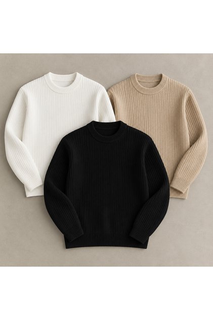 Advantageous 3-Piece Set Black White Beige Men's Crew Neck Ribbed Long Sleeve Knitwear Sweater