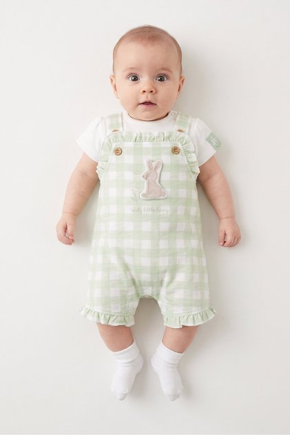 Toddlers Girl 2 Pcs Checkered Bunny Romper and T-shirt Set, Multicolor