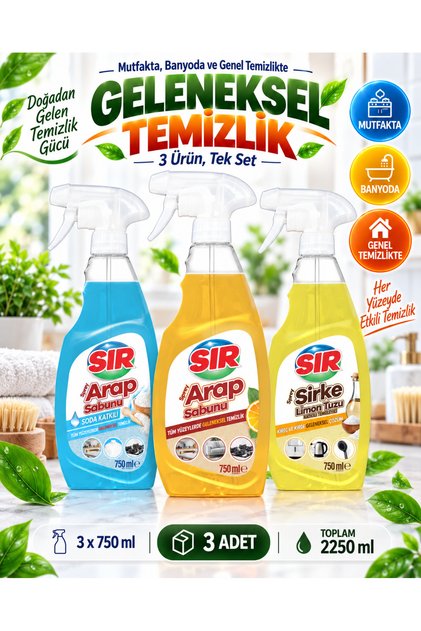 3'lü Geleneksel Temizlik Sprey Seti 3x750 ml – Soda Katkılı Arap Sabunu + Arap Sabunu + Sirke & Limon Tuzu
