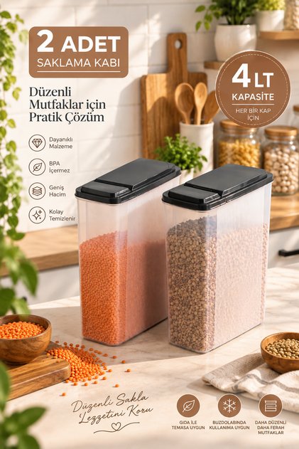 Ak-571 Set of 2 4 Lt Food Storage Containers (2 X 4 Lt) – Dry Food & Legume Storage Container with Measuring Lines, Practical Openable Black Lid