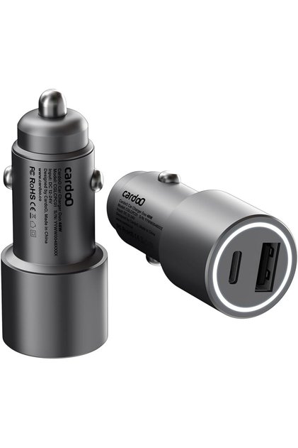 شاحن سيارة كاردو دو 48 واط – محول سريع USB-C + USB-A – مدمج بمنفذين – للهواتف والأجهزة اللوحية – فضي