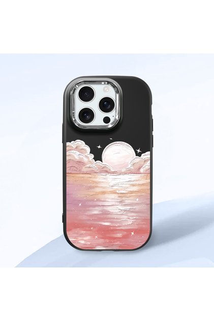 iPhone 16 Pro Compatible Shock-Absorbing Black Silicone Case with Camera Protection Sea Sunrise