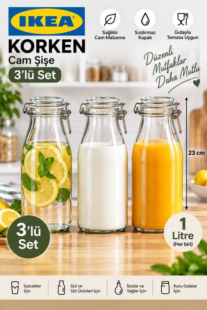 Glass Bottle with Korken Cap, Glass, 1 Liter Set of 3, Leak-Proof, Airtight Akdeni̇zshop