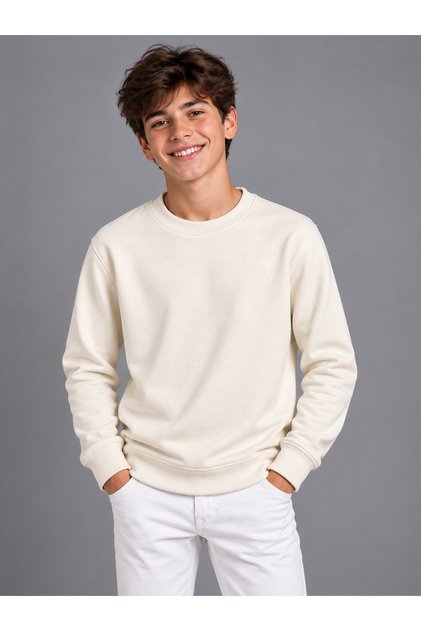 Unisex Children's Ecru Zero-Collar Sweatshirt 100% Cotton 3-Ply Fabric Without Shedding (4-Season)