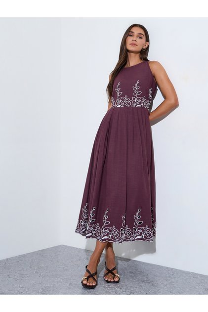 Burgundy Embroidered Sleeveless A-Line Midi Dress