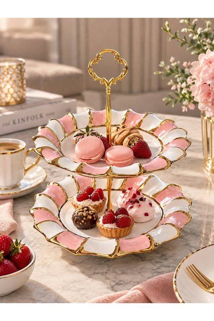 2-Tier Porcelain Presentation Plate Pink (Plate Diameters 27 Cm/22 cm)