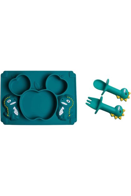 Silicone Baby Suction Plate and Stainless Steel Feeding Set,Dark Green