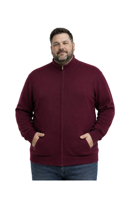 Men's Large Size Burgundy Basic Pocket Knitwear Cardigan 3Xl-4Xl-5Xl-6Xl