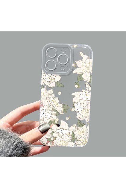 iPhone 16 Pro Max Compatible Transparent Silicone Case with Floral Cute Rabbit Pattern, Camera Protection, Anti-Impact Phone Case