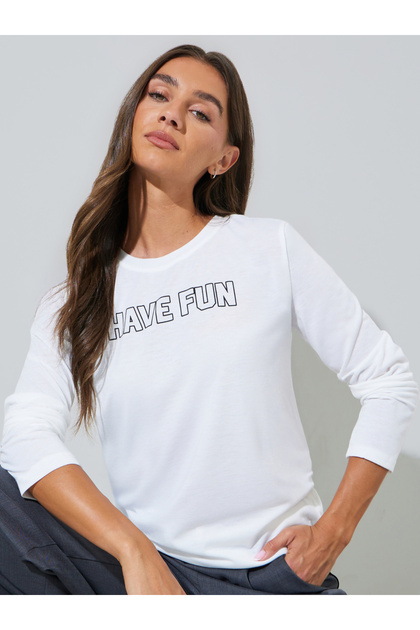 White Slogan Print Long Sleeves Regular Fit T-Shirt