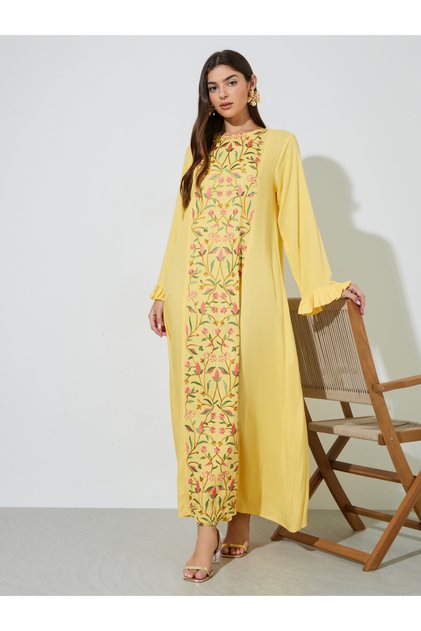 Yellow Floral Embroidery Ruffled Long Sleeves Maxi Jalabiya