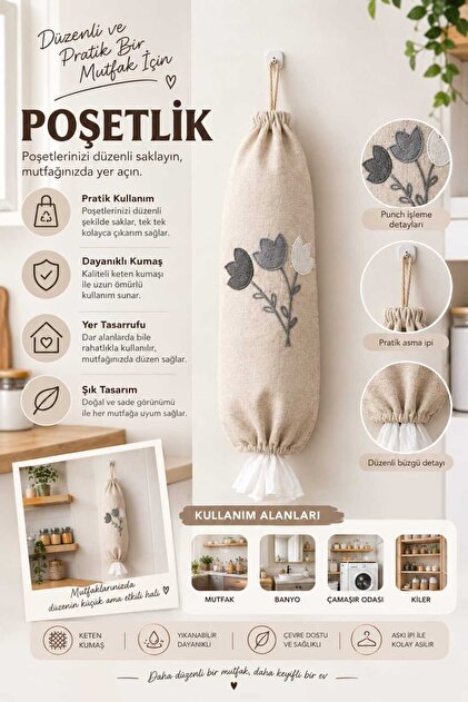 Poşetlik Punch Nakışlı Keten Askılı Mutfak Poşet Düzenleyici Organizer