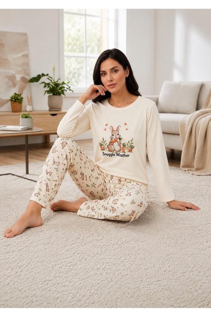 Women's Long Sleeve Crew Neck Rabbit Pattern 100% Cotton Luxury Pajama Set