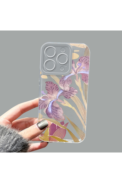 iPhone 14 Pro Compatible Transparent Silicone Case Purple Iris Flower Pattern Camera Protected Anti-Shock Phone Case