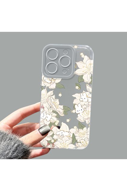 iPhone 14 Pro Compatible Transparent Silicone Case with Floral Cute Rabbit Pattern Camera Protection Anti-Shock Phone Case