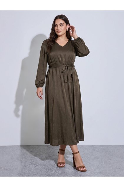 Plus Size Brown Solid Tie-Up Waist Satin A-Line Maxi Dress