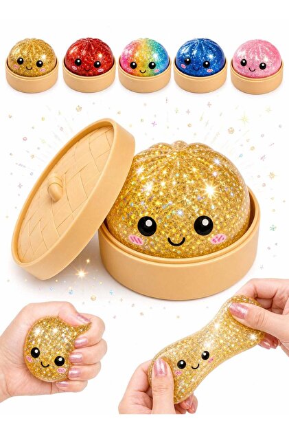 Dumpling Glitter Squishy Stress Ball with Bamboo Steamer Basket, Kawaii Mochi Fidget Toy for Kids Adults, Anti-Anxiety Sensory Squeeze Bao Bun, Random Mystery Color – Pack of 1