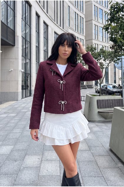 Women's New Season, Burgundy, Pocketed, Bow Stone Detailed Lined Jacket Coat