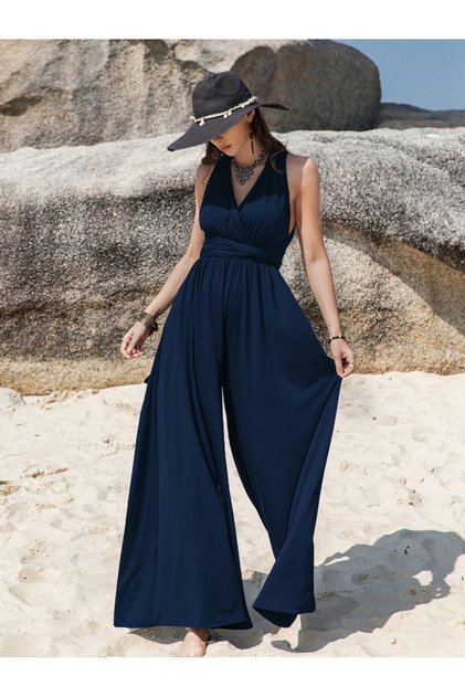 Plain Blue Halter Neck Romper Jumpsuit