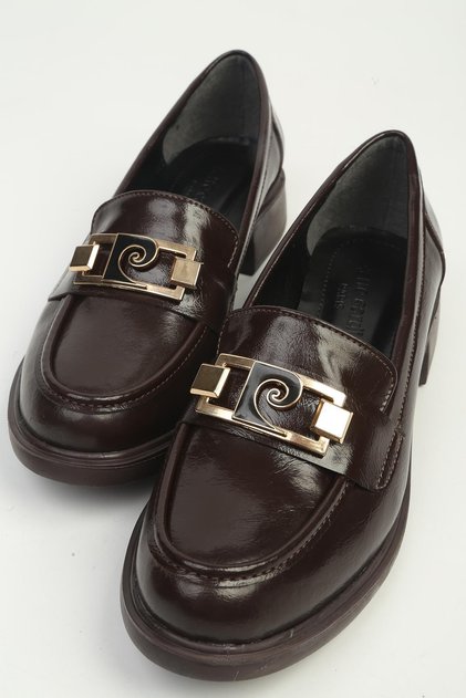 Brown Patent Leather Thick Sole Metal Buckle Women's Loafer Shoes Pc-56056