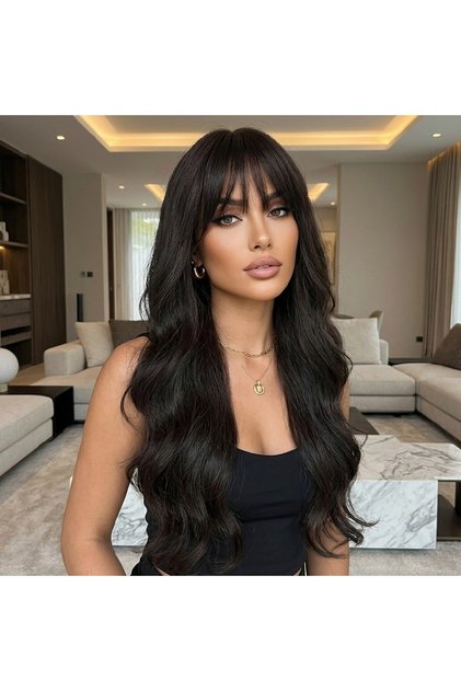 Wavy extra long fiber synthetic wig with bangs - espresso dark brown
