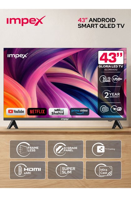 تلفزيون ذكي QLED بنظام أندرويد مقاس 43 بوصة، دقة كاملة 1920×1080، لوحة A+ بدون نقاط ساطعة، تصميم نحيف للغاية بدون إطار، معالج رباعي النواة، واي فاي، ميرا كاست، بث التلفزيون، HDMI ARC، USB، 178 درجة. °   زاوية الرؤية، GLORIA50Q
