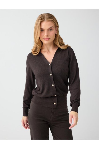 Bitter Brown Shirt Collar Button Detailed Knitwear Cardigan