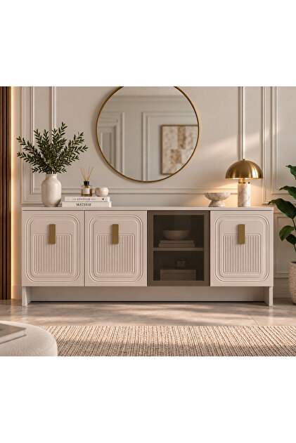 Favori 4 Kapaklı Konsol Membran MDF Konsol Temperli Cam Konsol 180 cm Çok Amaçlı Salon ve Yemek Odası Dolabı