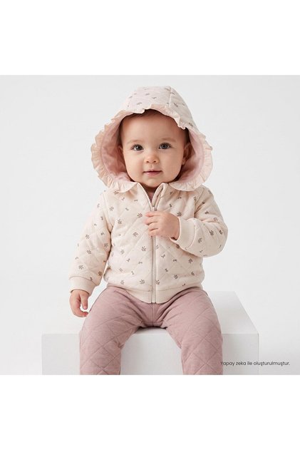 Kız Bebek Sweatshirt-Hırka-Alt Çiçek Baskılı Fermuarlı Bisiklet Yaka Long Sleeve Patiksiz