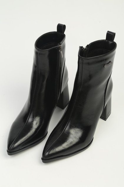 Women's Black Patent Leather Pointed Toe Thick Heeled Boots Pc-56112