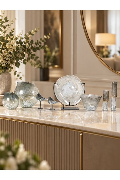 Gri Gümüş Cam 8’li Lüks Salon Dekor Konsol ve Dresuar Dekorasyon Seti
