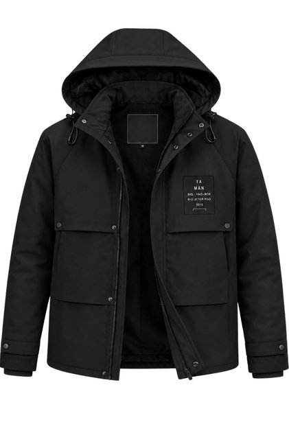 Erkek Siyah Kapüşonlu Kışlık Mont Suya Dayanıklı Çok Cepli Outdoor Mont&Kaban