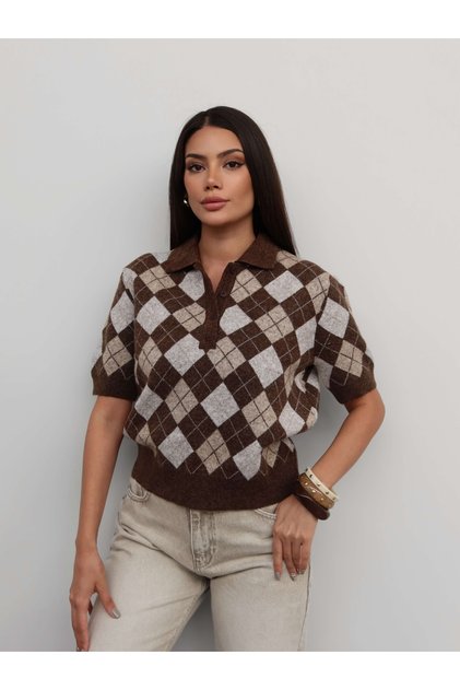 Baklava Pattern Short Sleeve Knit Sweater