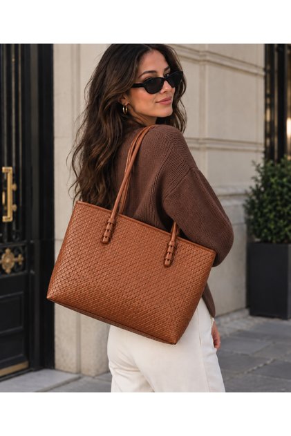 Women's Tan Brown Knitted Patterned Large Shoulder Bag – Daily Use Tote Bag