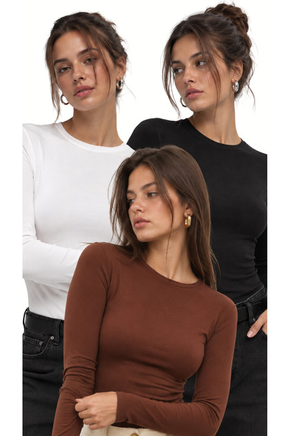 Women's 3-Piece Black and White Bitter Coffee Crew Neck Bodysuit