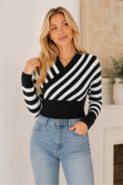 Women's Long Sleeve Double Breasted Collar Elastic Waist Cross Striped Soft Casual Short Crop Black White Knitwear Sweater
