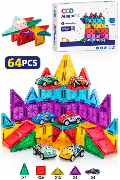 64 Pieces Magnetic Building Blocks Car Themed Educational Magnetic Building Toy 3.75 cm