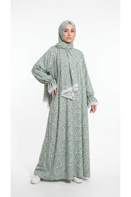 Cotton Viscose Front Half Zipper Lace Detailed Self Scarf Practical Women's Prayer Dress