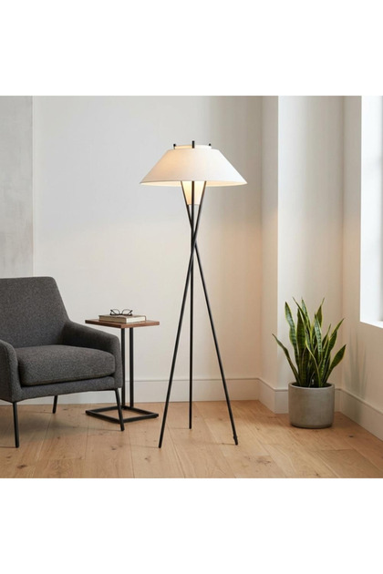 Modern Floor Lamp with Crossed Metal Legs and White Shade