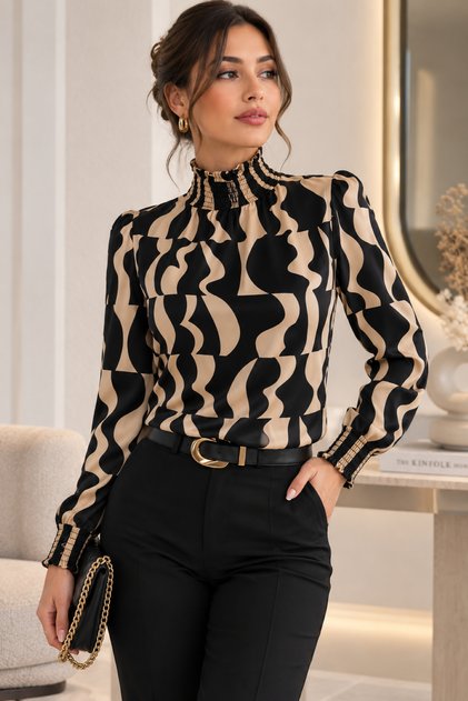 Women's Long Sleeve Turtleneck Geometric Pattern Stylish Single Jersey Blouse