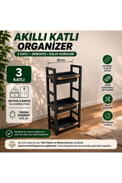 3 KATLI (30CM) ORGANİZER SEPET (SİYAH)