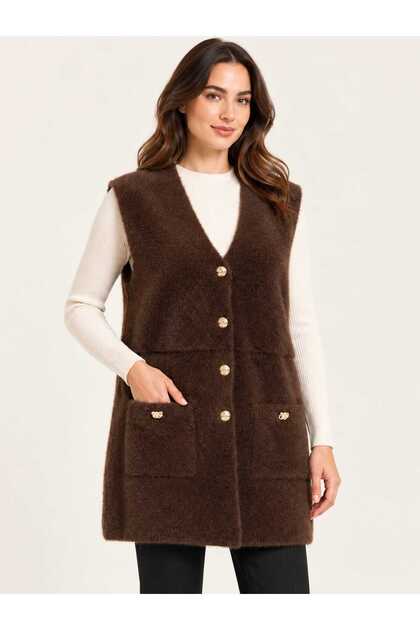 Asez Boutique Women's V-Neck Buttoned Pocketed Long Plush Knitwear Vest 9072