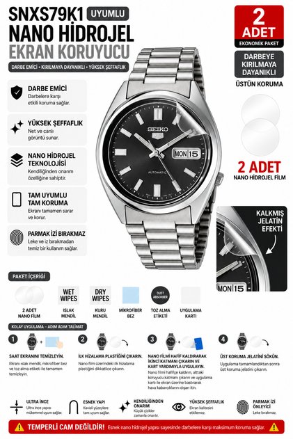 Seiko 5 SNXS79K1 Uyumlu 2 Adet Şeffaf Nano Hidrojel Darbe Emici Kırılmaz Cam Koruyucu TPU Film