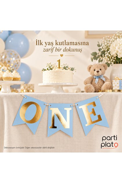 Blue Gold One Written 1 Year Old Birthday Ornament Baby Boy First Birthday Party Decoration, 3 Letter String Pennant Banner