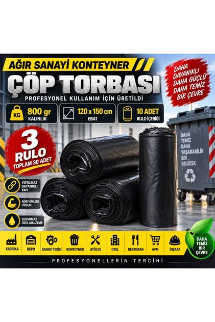 Heavy Industry Container Garbage Bag 120X150 cm 800 Gr 3 Rolls 30 Pieces Industrial Large Size Black Garbage Bag
