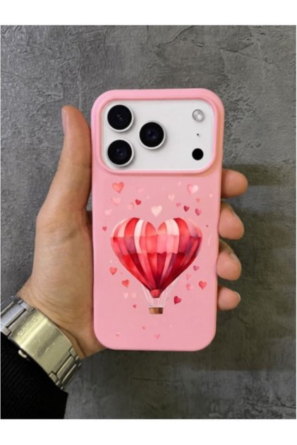 iPhone 17 Pro Max Compatible Pink Case with Red Heart Flying Balloon Design