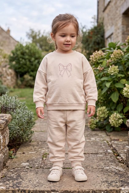 100% Cotton Girls' Oversized Tracksuit Set - 2-Piece Set with Bow Embroidered Sweatshirt and Sweatpants