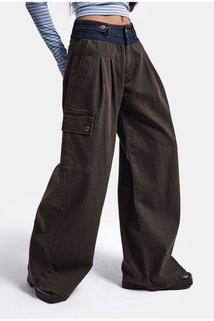 Women's Bitter Brown Super Palazzo Jeans with Belt Detail, Cargo Pocket, Special Design Denim Jean