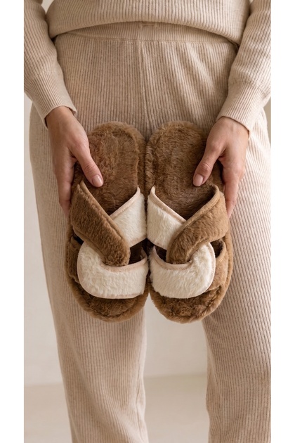 Women's Brown Cross Double-Strapped Plush House Slippers 3 cm Byndti̇mjcap01