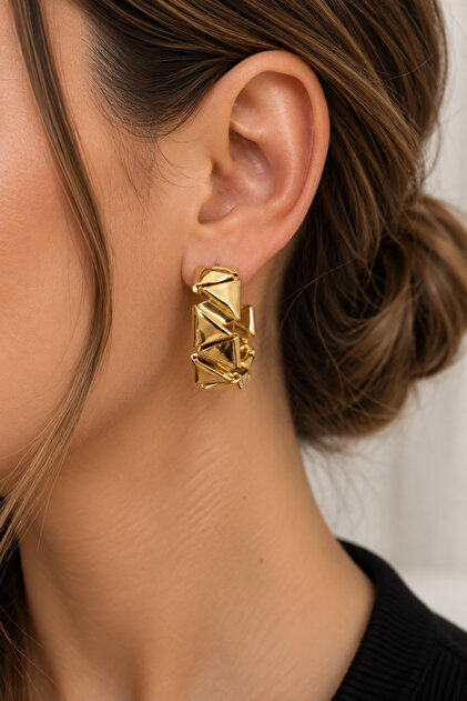White Collar Studio Gold Plated Geometrik Tasarım Kalın Halka Küpe